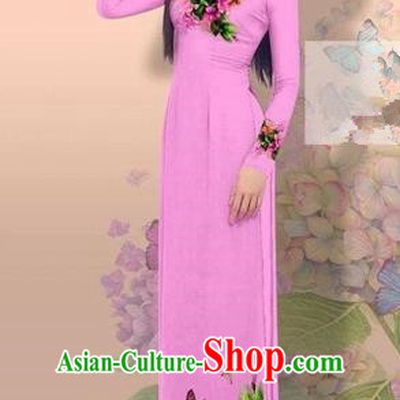 Traditional Top Grade Asian Vietnamese Costumes Classical 3D Printing Cheongsam, Vietnam National Vietnamese Young Lady Miss Etiquette Pinkish Purple Ao Dai Dress