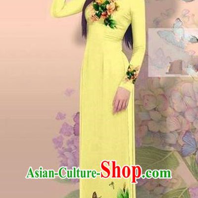 Traditional Top Grade Asian Vietnamese Costumes Classical 3D Printing Cheongsam, Vietnam National Vietnamese Young Lady Miss Etiquette Yellow Ao Dai Dress