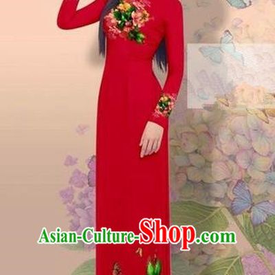 Traditional Top Grade Asian Vietnamese Costumes Classical 3D Printing Cheongsam, Vietnam National Vietnamese Young Lady Miss Etiquette Purplish Red Ao Dai Dress