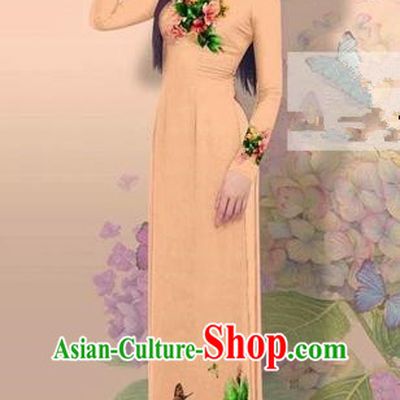 Traditional Top Grade Asian Vietnamese Costumes Classical 3D Printing Cheongsam, Vietnam National Vietnamese Young Lady Miss Etiquette Khaki Ao Dai Dress