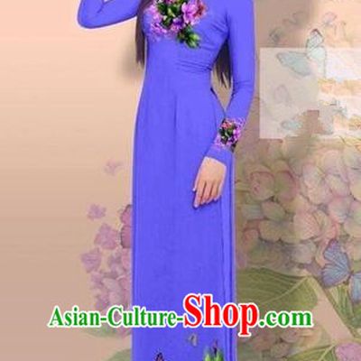 Traditional Top Grade Asian Vietnamese Costumes Classical 3D Printing Cheongsam, Vietnam National Vietnamese Young Lady Miss Etiquette Blue Ao Dai Dress