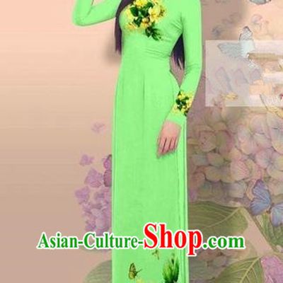 Traditional Top Grade Asian Vietnamese Costumes Classical 3D Printing Cheongsam, Vietnam National Vietnamese Young Lady Miss Etiquette Fluorescent Green Ao Dai Dress
