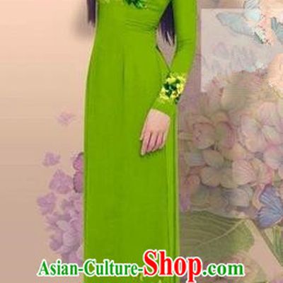 Traditional Top Grade Asian Vietnamese Costumes Classical 3D Printing Cheongsam, Vietnam National Vietnamese Young Lady Miss Etiquette Green Ao Dai Dress