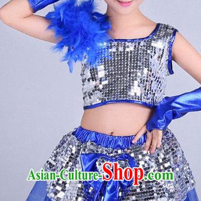 Top Grade Professional Performance Catwalks Costume, Children Chorus Compere Modern Jazz Dance Dress Blue Paillette Bubble Dress for Kids