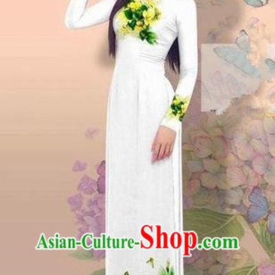 Traditional Top Grade Asian Vietnamese Costumes Classical 3D Printing Cheongsam, Vietnam National Vietnamese Young Lady Miss Etiquette White Ao Dai Dress