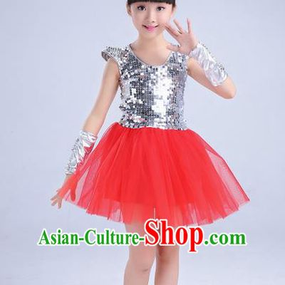 Top Grade Professional Performance Catwalks Costume, Children Chorus Compere Modern Dance Uniform Red Paillette Bubble Dress for Girls