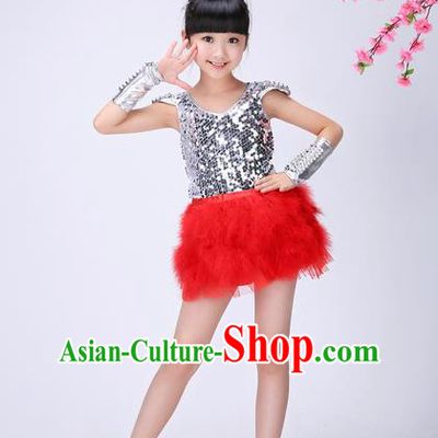 Top Grade Professional Performance Catwalks Costume, Children Chorus Compere Modern Dance Uniform Red Paillette Short Dress for Girls