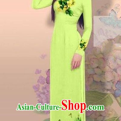 Traditional Top Grade Asian Vietnamese Costumes Classical 3D Printing Cheongsam, Vietnam National Vietnamese Young Lady Miss Etiquette Light Green Ao Dai Dress