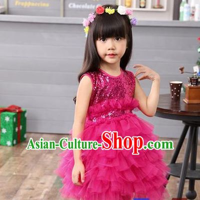 Top Grade Professional Compere Modern Dance Costume, Children Opening Dance Chorus Uniforms Paillette Rose Bubble Dress for Girls