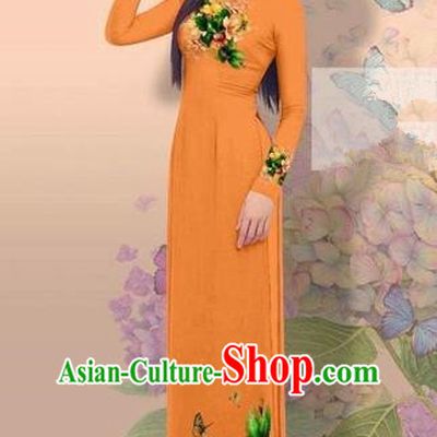 Traditional Top Grade Asian Vietnamese Costumes Classical 3D Printing Cheongsam, Vietnam National Vietnamese Young Lady Miss Etiquette Orange Ao Dai Dress