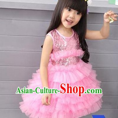 Top Grade Professional Compere Modern Dance Costume, Children Opening Dance Chorus Uniforms Paillette Pink Bubble Dress for Girls