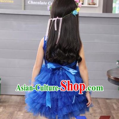 Top Grade Professional Compere Modern Dance Costume, Children Opening Dance Chorus Uniforms Paillette Blue Bubble Dress for Girls