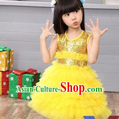 Top Grade Professional Compere Modern Dance Costume, Children Opening Dance Chorus Uniforms Paillette Yellow Bubble Dress for Girls