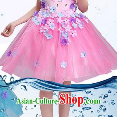 Top Grade Professional Compere Modern Dance Costume, Children Opening Dance Chorus Uniforms Flower Faerie Princess Pink Bubble Dress for Girls