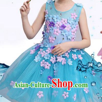 Top Grade Professional Compere Modern Dance Costume, Children Opening Dance Chorus Uniforms Flower Faerie Princess Blue Bubble Dress for Girls