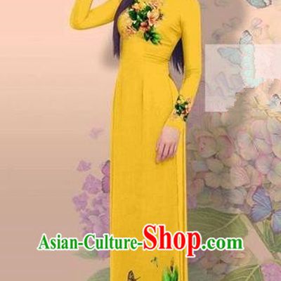 Traditional Top Grade Asian Vietnamese Costumes Classical 3D Printing Cheongsam, Vietnam National Vietnamese Young Lady Miss Etiquette Ginger Ao Dai Dress