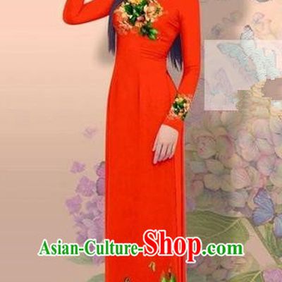 Traditional Top Grade Asian Vietnamese Costumes Classical 3D Printing Cheongsam, Vietnam National Vietnamese Young Lady Miss Etiquette Red Ao Dai Dress