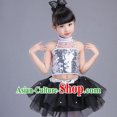 Top Grade Professional Compere Modern Dance Costume, Children Opening Dance Chorus Uniforms Jazz Dance Black Bubble Dress for Girls