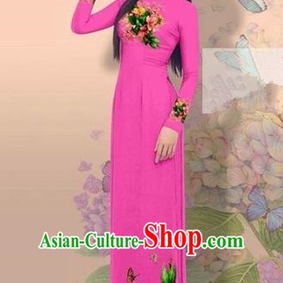 Traditional Top Grade Asian Vietnamese Costumes Classical 3D Printing Cheongsam, Vietnam National Vietnamese Young Lady Miss Etiquette Rosy Ao Dai Dress