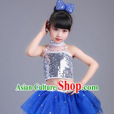 Top Grade Professional Compere Modern Dance Costume, Children Opening Dance Chorus Uniforms Jazz Dance Blue Bubble Dress for Girls