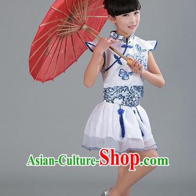 Top Grade Professional Compere Modern Dance Costume, Children Opening Dance Chorus Uniforms Blue and White Porcelain Bubble Dress for Girls