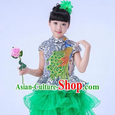 Top Grade Professional Compere Modern Dance Costume, Children Opening Dance Chorus Uniforms Peacock Green Paillette Bubble Dress for Girls