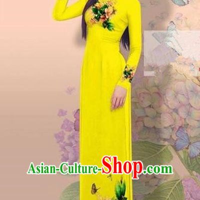 Traditional Top Grade Asian Vietnamese Costumes Classical 3D Printing Cheongsam, Vietnam National Vietnamese Young Lady Miss Etiquette Bright Yellow Ao Dai Dress