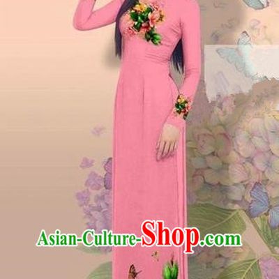 Traditional Top Grade Asian Vietnamese Costumes Classical 3D Printing Cheongsam, Vietnam National Vietnamese Young Lady Miss Etiquette Pink Ao Dai Dress