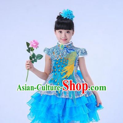 Top Grade Professional Compere Modern Dance Costume, Children Opening Dance Chorus Uniforms Peacock Blue Paillette Bubble Dress for Girls