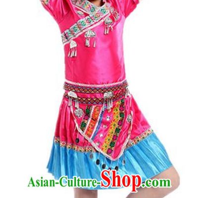 Traditional Chinese Zhuang Nationality Dancing Costume, Zhuang Zu Children Folk Dance Ethnic Pleated Skirt, Chinese Minority Nationality Embroidery Pink Dress for Kids