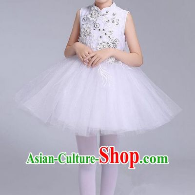 Top Grade Professional Compere Modern Dance Costume, Children Opening Dance Chorus Uniforms White Bubble Dress for Girls