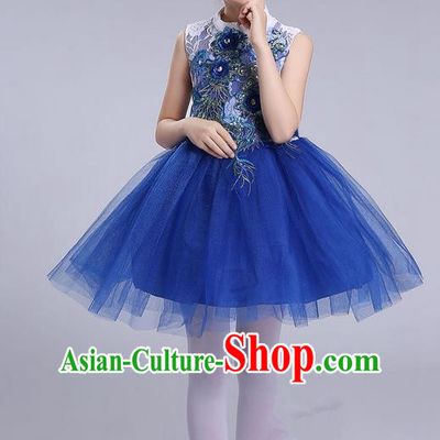 Top Grade Professional Compere Modern Dance Costume, Children Opening Dance Chorus Uniforms Royalblue Bubble Dress for Girls