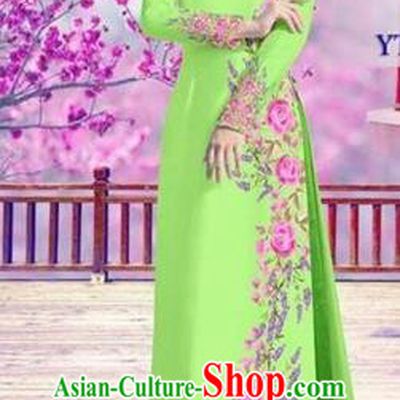 Traditional Top Grade Asian Vietnamese Costumes Classical Bride Printing Cheongsam, Vietnam National Vietnamese Princess Green Ao Dai Dress