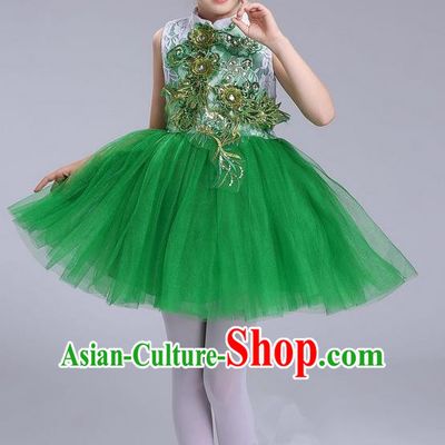 Top Grade Professional Compere Modern Dance Costume, Children Opening Dance Chorus Uniforms Green Bubble Dress for Girls