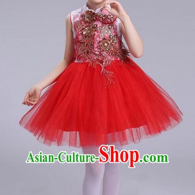 Top Grade Professional Compere Modern Dance Costume, Children Opening Dance Chorus Uniforms Red Bubble Dress for Girls