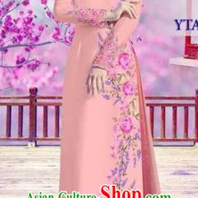 Traditional Top Grade Asian Vietnamese Costumes Classical Bride Printing Cheongsam, Vietnam National Vietnamese Princess Pink Ao Dai Dress