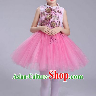 Top Grade Professional Compere Modern Dance Costume, Children Opening Dance Chorus Uniforms Pink Bubble Dress for Girls