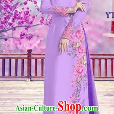 Traditional Top Grade Asian Vietnamese Costumes Classical Bride Printing Cheongsam, Vietnam National Vietnamese Princess Purple Ao Dai Dress