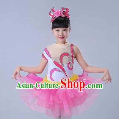 Top Grade Professional Compere Modern Dance Costume, Children Opening Dance Chorus Uniforms Jazz Dance Paillette Pink Bubble Dress for Girls