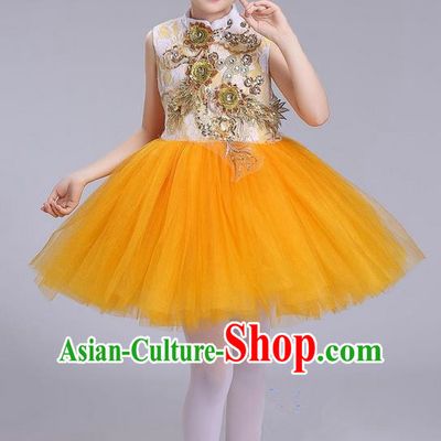 Top Grade Professional Compere Modern Dance Costume, Children Opening Dance Chorus Uniforms Yellow Bubble Dress for Girls