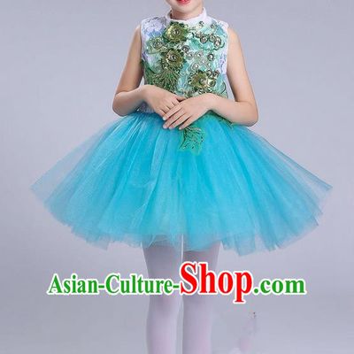 Top Grade Professional Compere Modern Dance Costume, Children Opening Dance Chorus Uniforms Blue Bubble Dress for Girls