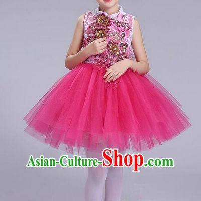 Top Grade Professional Compere Modern Dance Costume, Children Opening Dance Chorus Uniforms Rose Bubble Dress for Girls