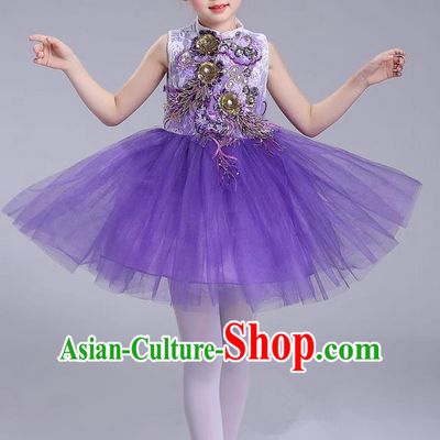 Top Grade Professional Compere Modern Dance Costume, Children Opening Dance Chorus Uniforms Purple Bubble Dress for Girls