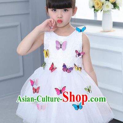 Top Grade Professional Compere Modern Dance Costume, Children Opening Dance Chorus Butterfly Uniforms White Bubble Dress for Girls
