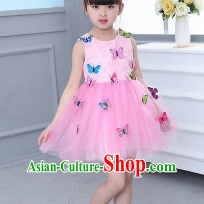 Top Grade Professional Compere Modern Dance Costume, Children Opening Dance Chorus Butterfly Uniforms Pink Bubble Dress for Girls