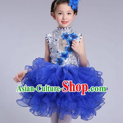 Top Grade Professional Compere Modern Dance Costume, Children Opening Dance Chorus Flowers Uniforms Princess Blue Bubble Dress for Girls