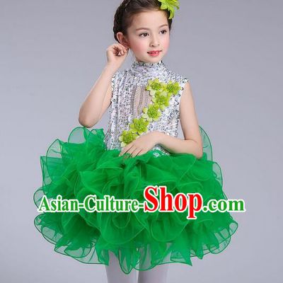 Top Grade Professional Compere Modern Dance Costume, Children Opening Dance Chorus Flowers Uniforms Princess Green Bubble Dress for Girls
