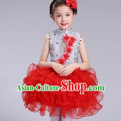 Top Grade Professional Compere Modern Dance Costume, Children Opening Dance Chorus Flowers Uniforms Princess Red Bubble Dress for Girls