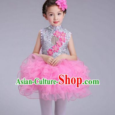 Top Grade Professional Compere Modern Dance Costume, Children Opening Dance Chorus Flowers Uniforms Princess Pink Bubble Dress for Girls