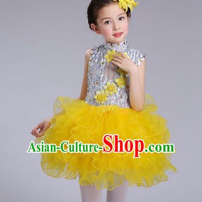 Top Grade Professional Compere Modern Dance Costume, Children Opening Dance Chorus Flowers Uniforms Princess Yellow Bubble Dress for Girls
